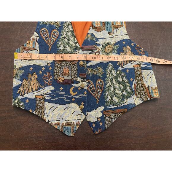 Vintage Backroad Blues Tapestry Cabin Scene Vest USA Made Large Winter Christmas - Picture 6 of 9
